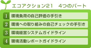 1.環境負荷の自己評価の手引き2.環境への取り組みの自己チェックの手引き3.環境経営システムガイドライン4.環境活動レポートガイドライン